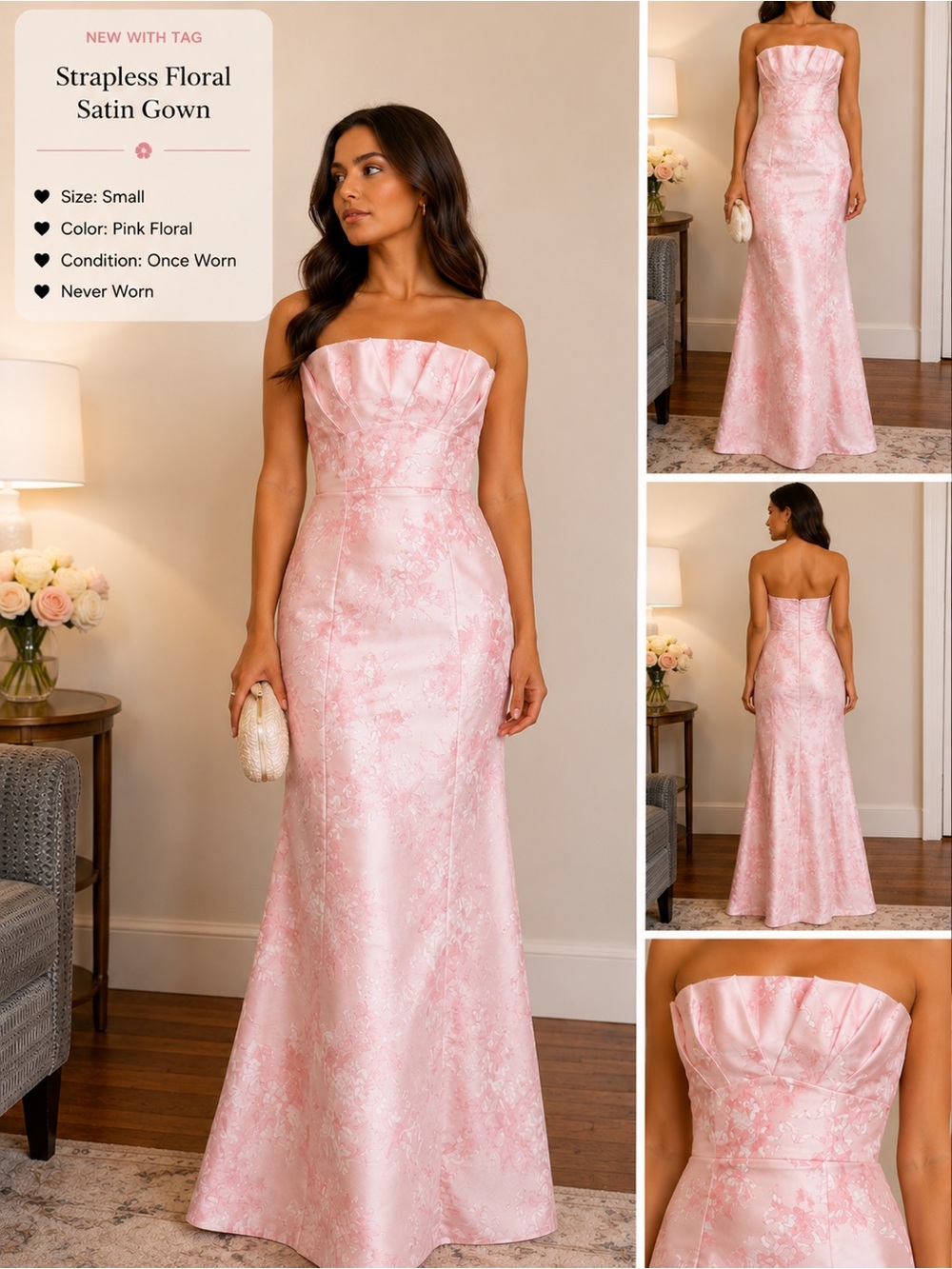 Strapless Pink Floral Satin Prom Gown